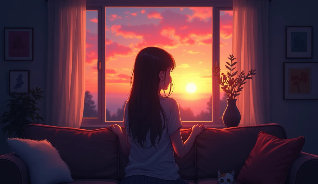 anime girl sitting on a couch looking out a window at a cat, lofi portrait at a window, watching the sun set. anime, by Alena Aenami, lofi art, inspired by Alena Aenami, cozy wallpaper, inspired by Cyril Rolando, lofi artstyle, anime art wallpaper 4 k, ani...