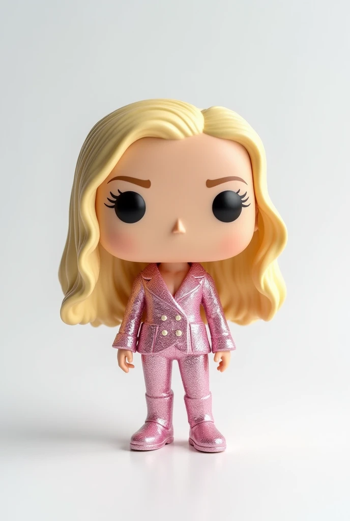 funko pop in white pop box,   blonde with a light pink glitter set and the name Olivia Annenberg on the box and no makeup white background with golden blonde hair 