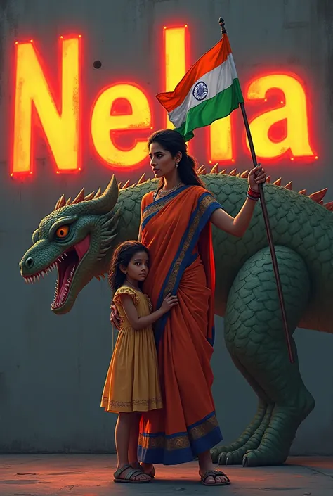 Prompt “Illustration A 40 year old mother wearing a tricolour sharee, protecting her daughter from danger an Indian flag in hand. A ferocious dragon is next to him, and he has Indian tricolor wings. ‘Neha‘ is written in large orange neon lights on a dark g...