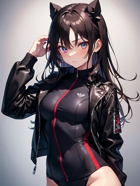 ridersuit, 12 Talents, Black Leather Jacket, School Swimsuit, cute, Beauty, Tohsaka Rin, (masterpiece), highest quality, 1girl, uhd, retina, masterpiece, ccurate, anatomically correct, textured skin, super detail, high details, high quality, best quality, ...