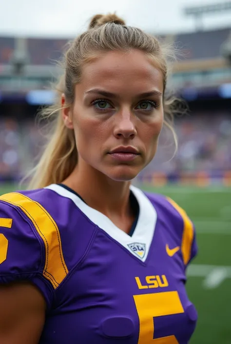 A photo of Allie Allsgood, a quarterback for the female LSU Tigers football team. Number 5.