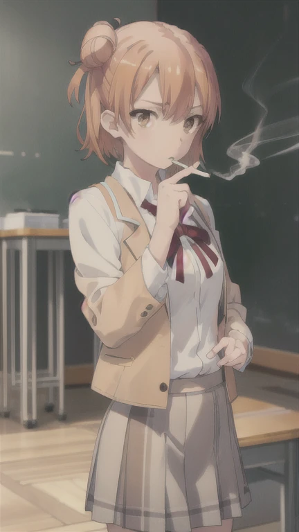 yuiyuigahama, yui yuigahama, short hair, (brown eyes:1.5), (orange hair:1.2), hair bun, single hair bun, 
BREAK skirt, shirt, ribbon, school uniform, jacket, white shirt, black jacket, blazer, sobu high school uniform,
BREAK indoors, classroom,
BREAK looki...