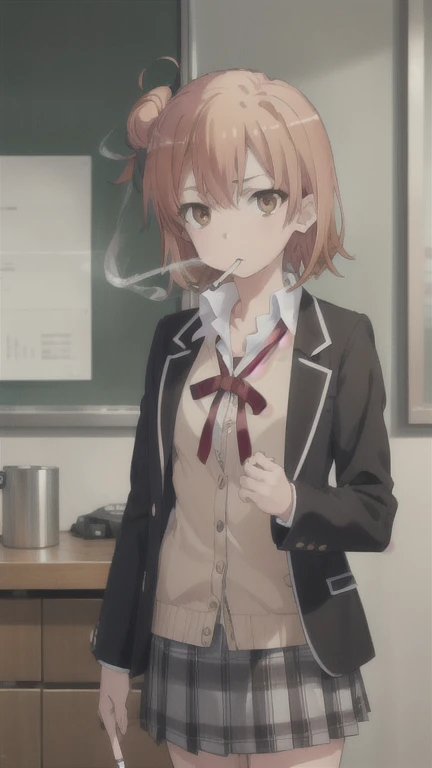 yuiyuigahama, yui yuigahama, short hair, (brown eyes:1.5), (orange hair:1.2), hair bun, single hair bun, 
BREAK skirt, shirt, ribbon, school uniform, jacket, white shirt, black jacket, blazer, sobu high school uniform,
BREAK indoors, classroom,
BREAK looki...