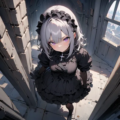 (((masterpiece))),(((best quality))),(((extremely detailed))), 1girl, solo, gothic lolita, lolita fashion, neutral face, looking at viewer, standing, view from above, contrapposto,full body, floating grey hair , purple eyes, white flower on the left of her...