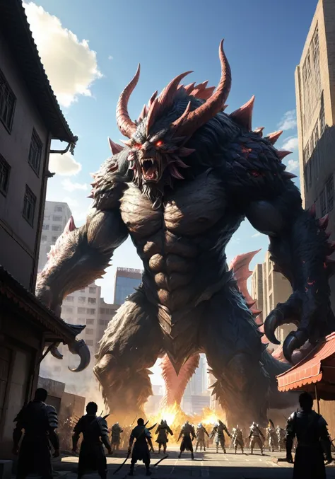 employment,Highest quality,Gomorrah illustrations, Giant monster, A hall in the street々Standing, sharp, Armor scales shining in the sunlight, and、Those fearsome glowing eyes staring out at the horizon, ready for battle.. A huge tail swings behind, Destroy ...