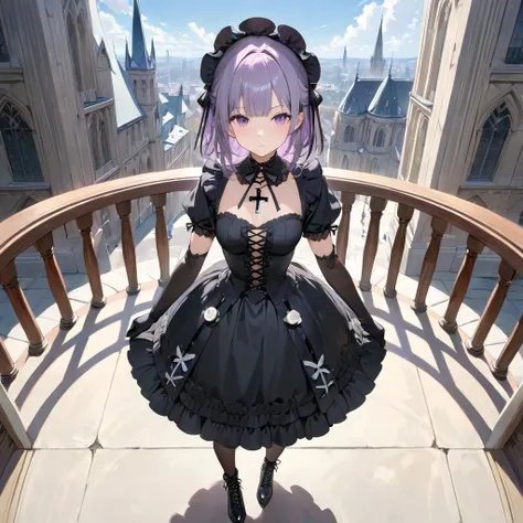 (((masterpiece))),(((best quality))),(((extremely detailed))), 1girl, solo, gothic lolita, lolita fashion, neutral face, looking at viewer, standing, view from above, contrapposto,full body, floating grey hair , purple eyes, white flower on the left of her...