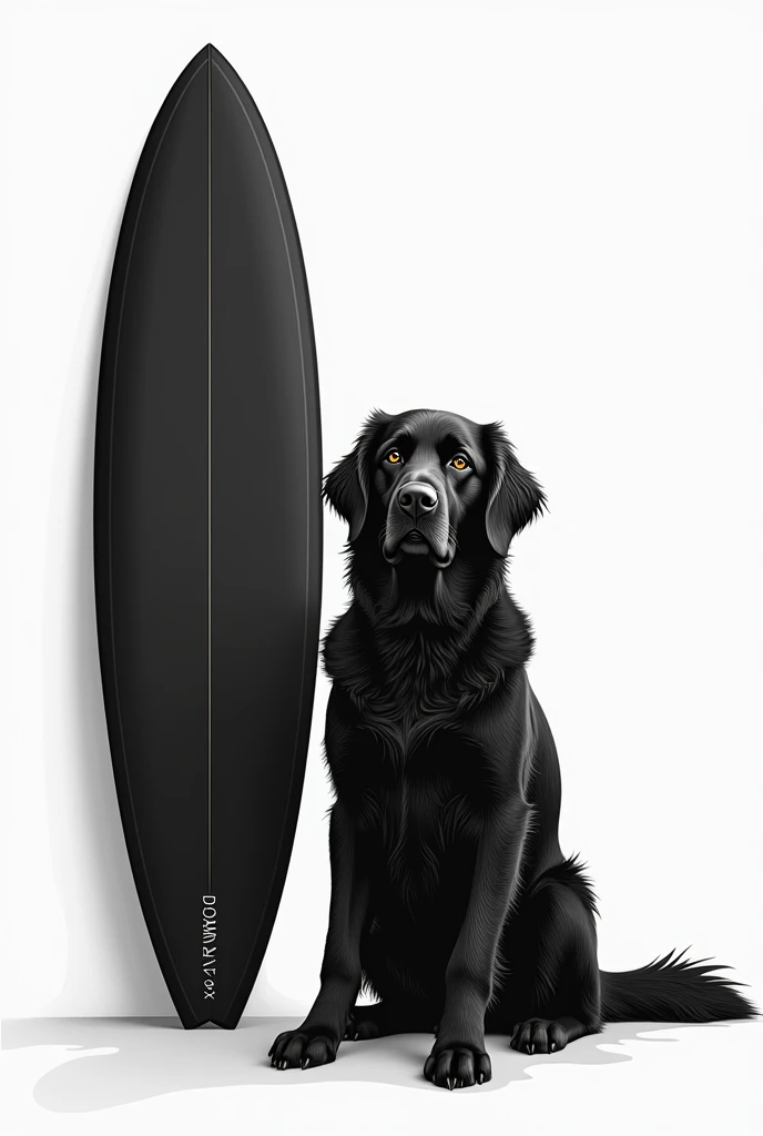 A furry black golden retriever, sitting next to a black surfboard in black and white vector