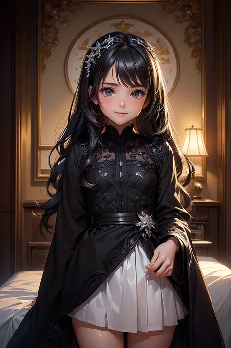 ((masterpiece, best quality, ultra-detailed, high resolution, extremely detailed CG, super detailed, Most beautiful clean lighting)), 1girl, small build, 10 years old, cute girl, pretty face, smile, white skin, Beautiful black long hair, black eyes, kawaii...