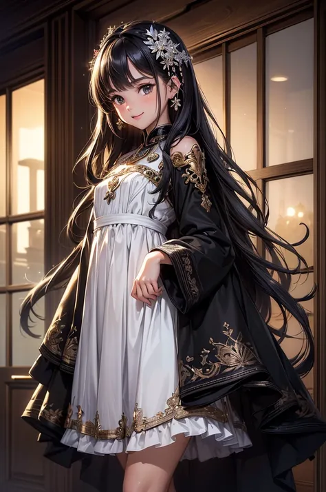 ((masterpiece, best quality, ultra-detailed, high resolution, extremely detailed CG, super detailed, Most beautiful clean lighting)), 1girl, small build, 10 years old, cute girl, pretty face, smile, white skin, Beautiful black long hair, black eyes, kawaii...