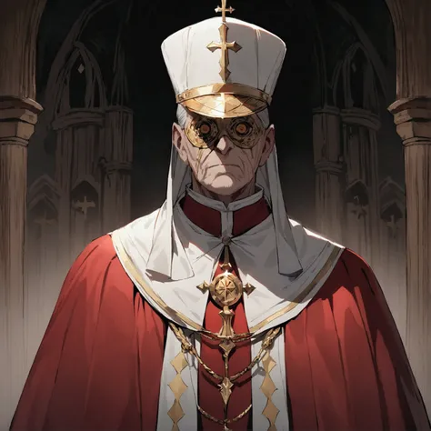 An elderly man, in a completely red tunic with gold details similar to a pope&#39;s robe, he wears a clergyman&#39;s hat, a scary golden mark on his face, the mask only has eyes and black details, the mask covers the entire face, dark background of a scary...