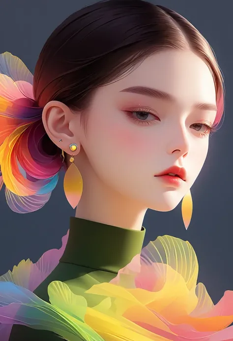 (vector,Flat style,illustration,digital art,1 girl,unique,beautiful face,earring,portrait,shoulder,artistic concept,abstract,best quality,4K,mackerel,very detailed,realistic:1.37,vivid colors,bokeh,studio lighting)