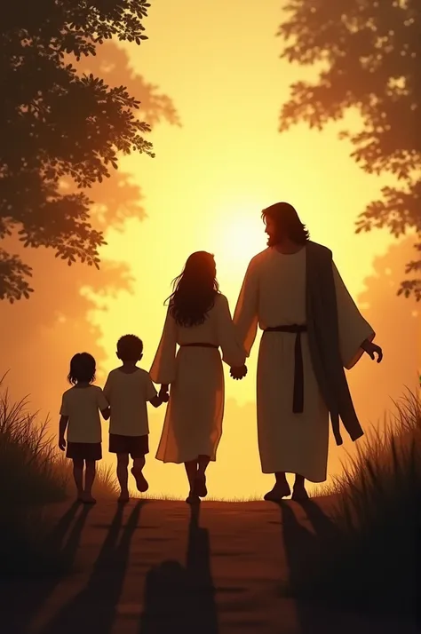 Silhouette of family walking with Jesus 