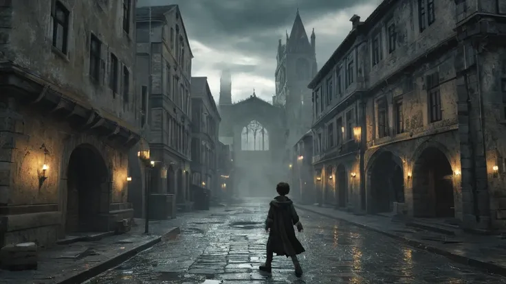 Create an atmospheric scene of a young boy sprinting through the deserted streets of a dark medieval city. The cityscape is filled with towering, dilapidated stone buildings, narrow alleys, and ominous shadows. The sky is overcast with thick, heavy clouds,...