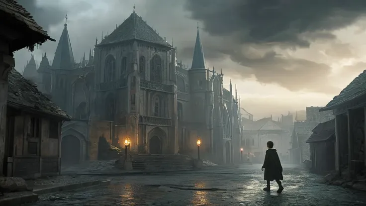 create an atmospheric scene of a young boy sprinting through the deserted streets of a dark medieval city. the cityscape is fill...