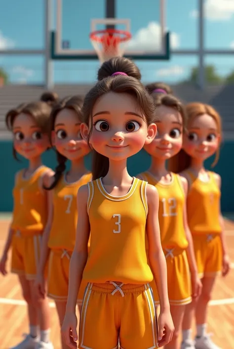 Photorealism: 9 girls in one basketball team picture, 3d catoons with same color of jersey 