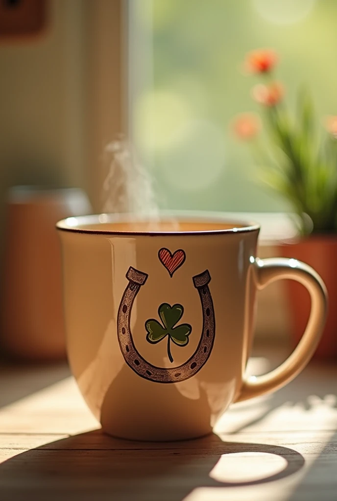 Coffee mug with a heart above a clover and a horseshoe
