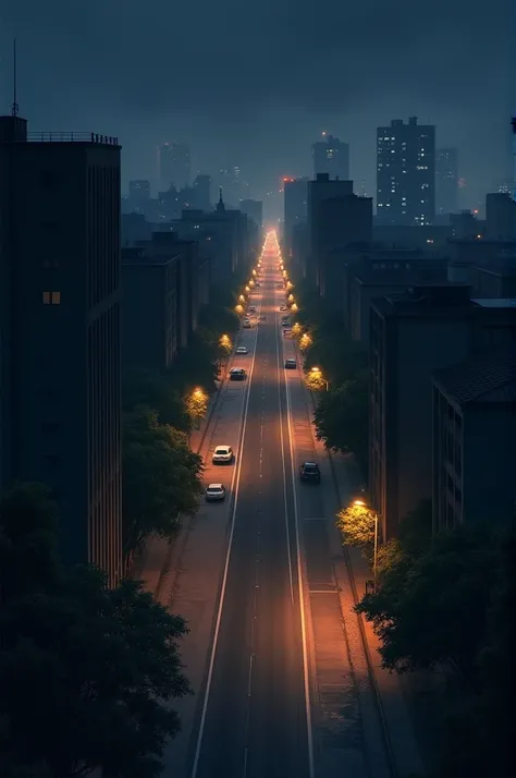 View of the road from the roof of a building、midnight