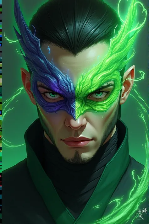 The sharp-faced man will wear a two-colored green and purple eye mask with a green dragon aura and a Japanese trance.