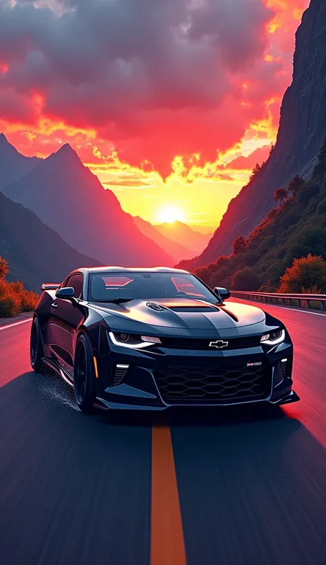 Chevrolet Camaro　Sunset　View from the bottom of the mountain pass　Dynamic illustrations
