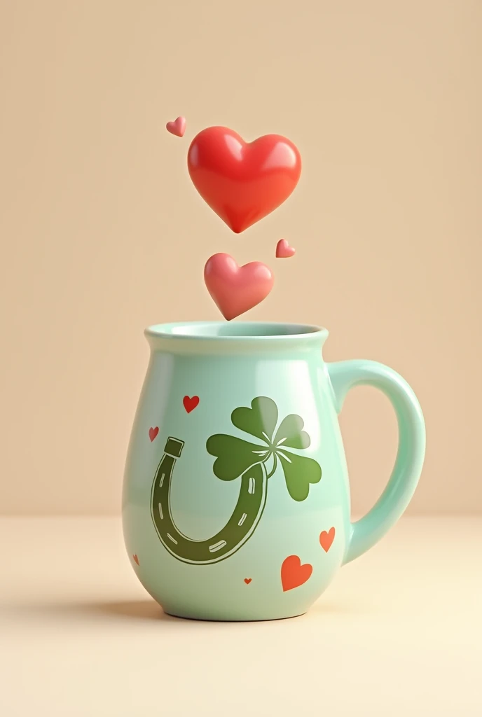 Coffee mug with a heart above a clover and a horseshoe
