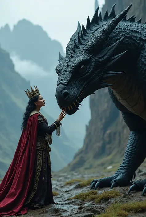 Game of Thrones Scenes，Medieval style，A queen reaches out to touch her black dragon