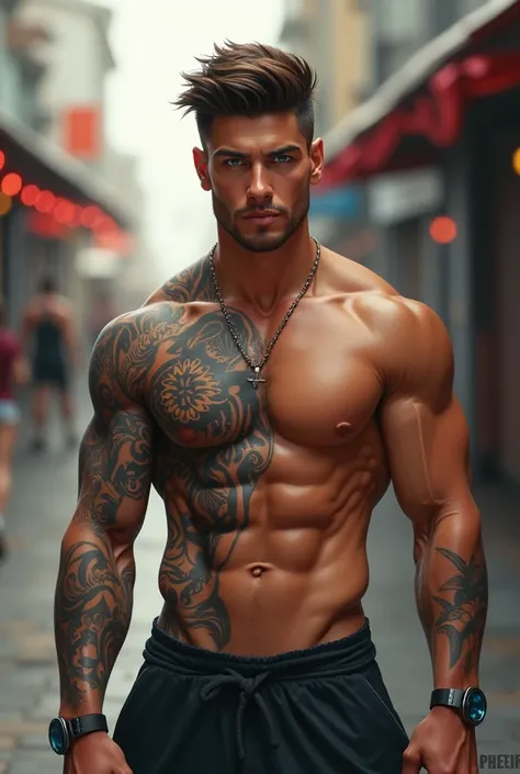 Young muscular tattooed man tanned skin with brown and blue eyes High quality AI drawing with blurred background street music 
 