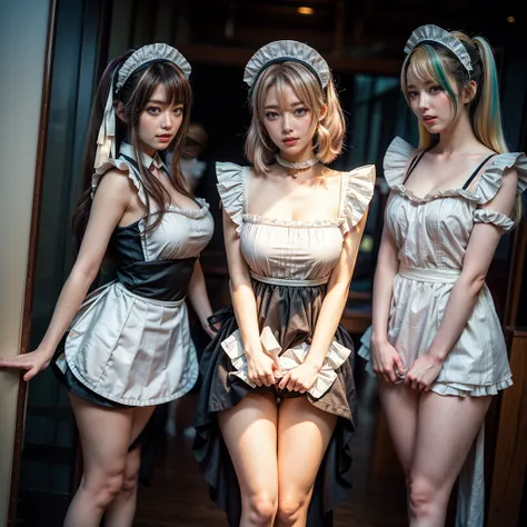 (Full Body of Extremely Detailed((Kawaii Maid Group in a row:1.37))), Childish perfect face, Reflective Eyes, Detailed(Delicate Clothing textures), Dynamic Joyful Expressions LifeLike Rendering, Specular Reflection, TopQuality 8K Ultra-detailed masterpiece...