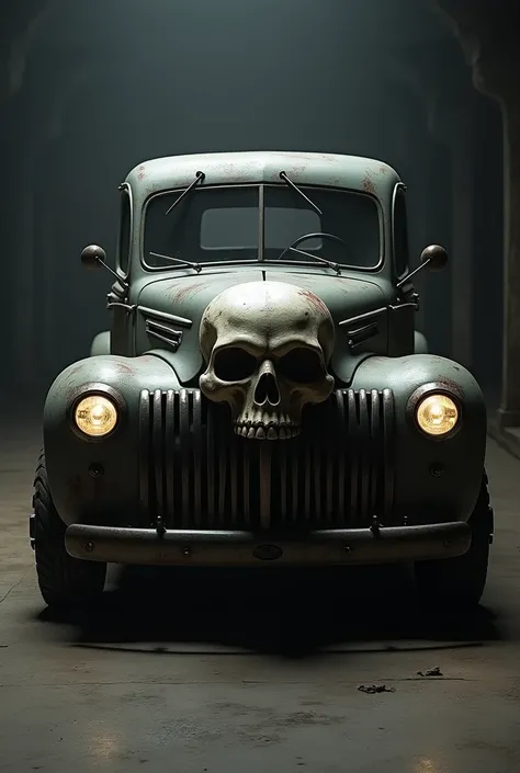 An image with the front of a truck with a skull and a skirt with their respective shadows and a ring 