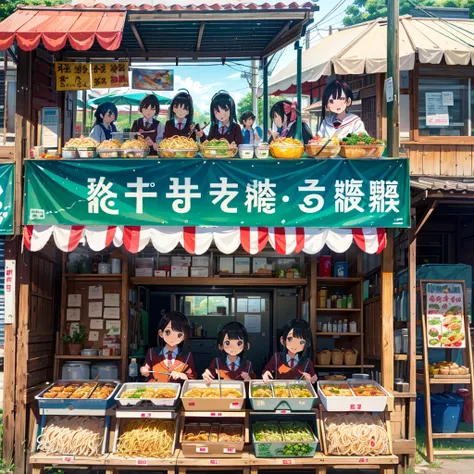 Vivid, Kururu, school festival, making yakisoba, food stall, lots of customers, all with different faces, primary color painting