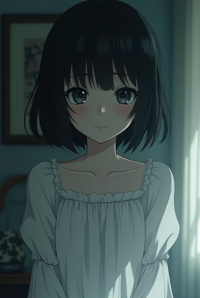 Anime, woman, short black hair, black eyes, 14 year old, wear white dress, scary, in livingroom