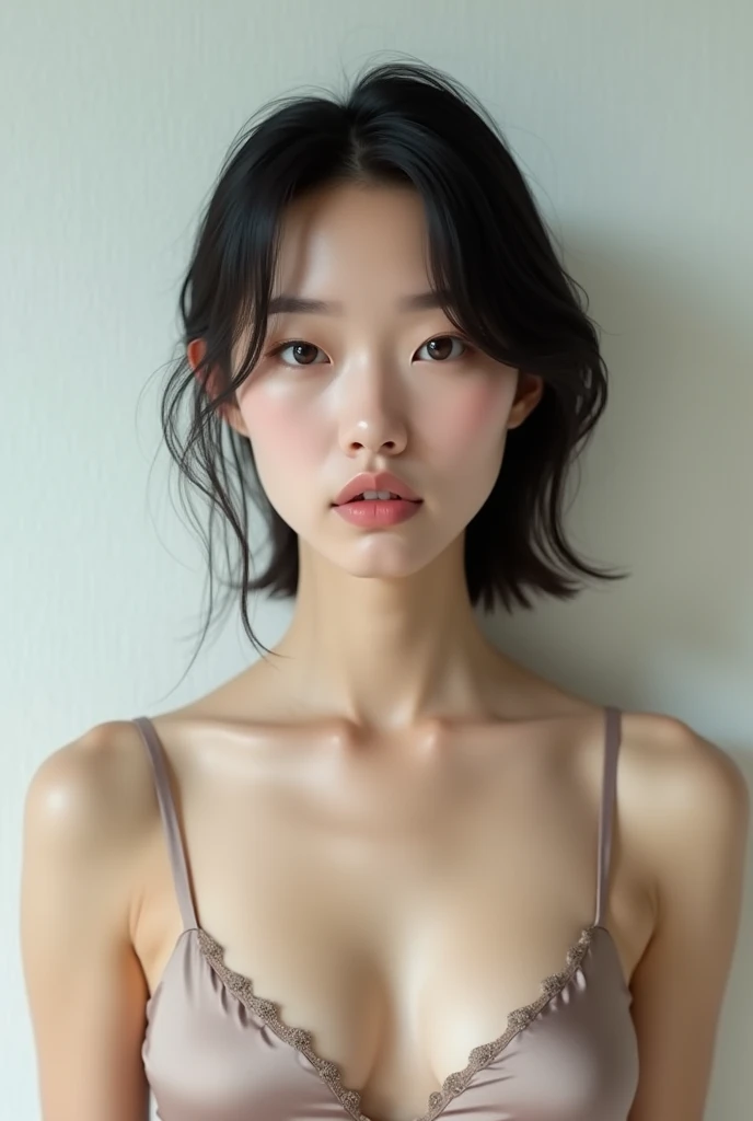 Japanese woman, 30 years old, asymmetrical shag haircut, streight face showing no emotion, thin lips, looking into camera, tight silk top, no bra, standing streight, frontal view, highly detailed face, high resolution, no make-up, photorealistic