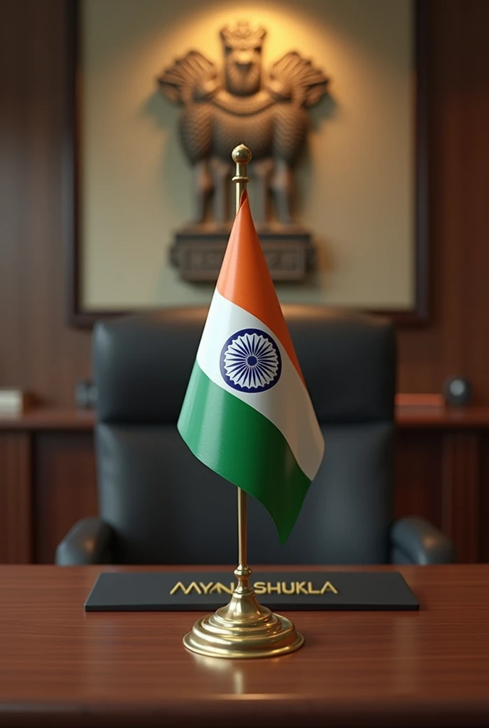 Indian flag on table with emblem in a government organisation realistic with blurred background having name plate written MAYANK SHUKLA but not properly visible