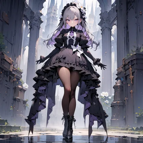 (((masterpiece))),(((best quality))),(((extremely detailed))), 1girl, solo, gothic lolita, lolita fashion, neutral face, looking at viewer, standing, contrapposto,full body, floating grey hair , purple eyes, white flower on the left of her head, BREAK blac...