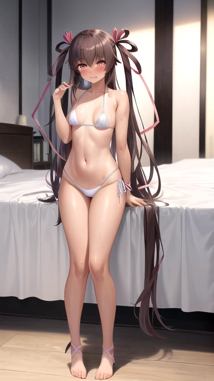 (((masterpiece,best quality,absurdres,8K))) ,
((mizuki yukikaze,hair ribbon,bikini)),((front, looking at viewer,embarrassed,blush:1.3,steam:1.1,wet:0.8,trembling:0.8,tears:0.7,sweat:0.8)),((standing,fullbody shot,bed))