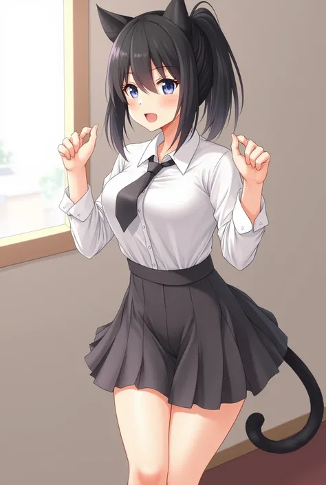 best quality high resolution classroom spoken heart girl 14years old pale skin black hair short hair ponytail straight hair straight hair orgasm ahegao long tongue medium breasts small nipples cat ears cat tails miniskirt standing on one leg vaginal,sex cu...