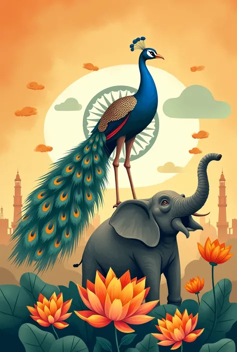 Indian independence posters for easy drawing with Indian emblem, peacock , elephant , lotus etc

Please note it must be easy to draw for kids