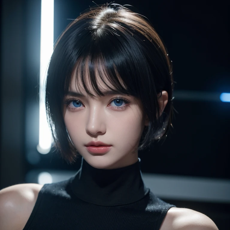 ultra high res, masterpiece, best quality ,perfect glossy shiny skins, perfect lighting,  dramatic shadows, detailed lighting,  ray tracing, 1girl,upper body, black sweater, looking at viewer, blue Eyes, sharp face, sharp eyes, Cyberpunk, long bangs, short...