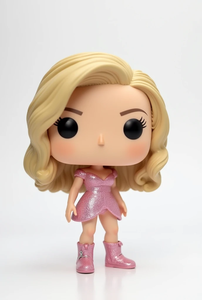 funko pop in white pop box,   blonde with a light pink glitter set and the name Olivia Annenberg on the box and no makeup white background with medium length golden blonde hair 