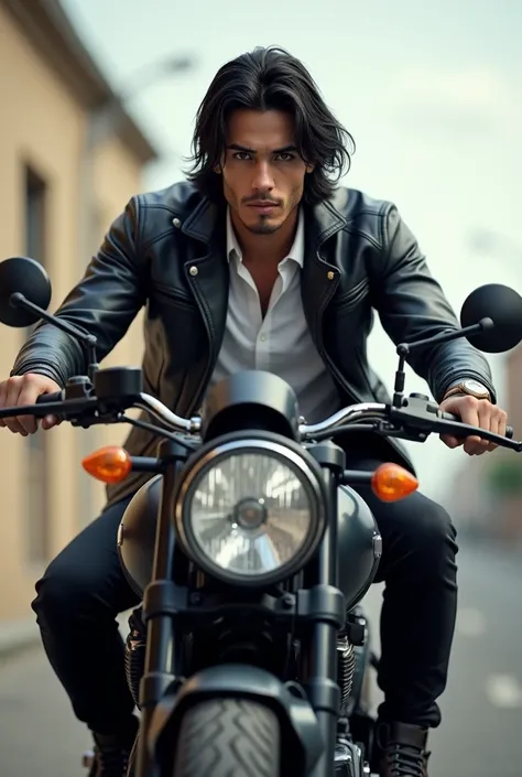 Imagine a handsome man without any beard with straight black hair and thick on the sides of his head, wearing a black leather jacket, white blouse, Black pants and sneakers, with very black eyes, mounted on a motorcycle,medium white skin with a darker tone...