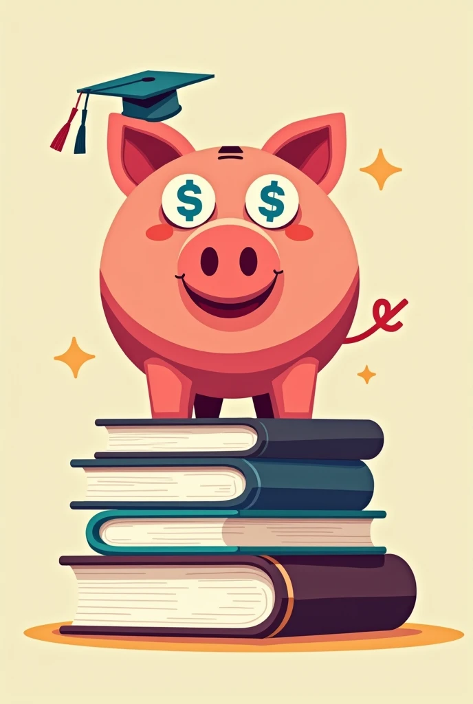 A piggy bank sitting on a pile of books reading with a dollar sign in its eyes minimalist and eye-catching With bright colors and writing COMBO COURSES