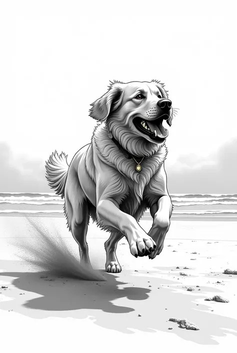 Very furry Golden Retriever running on the beach in black and white vector
