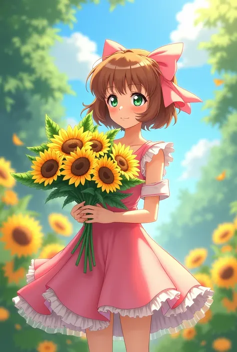 Sakura Cardcaptor with a bouquet of sunflowers