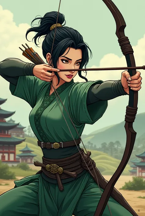 Sengoku period, female, Japanese, Green Arrow, narrow eyes, anime, archery, sniper, illustration
