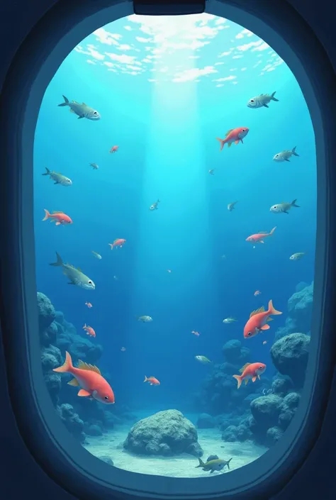 A big aquarium filled with beautiful fish is floating in the sky like Laputa: Castle in the Sky. I&#39;m looking at it from the window of an airplane.