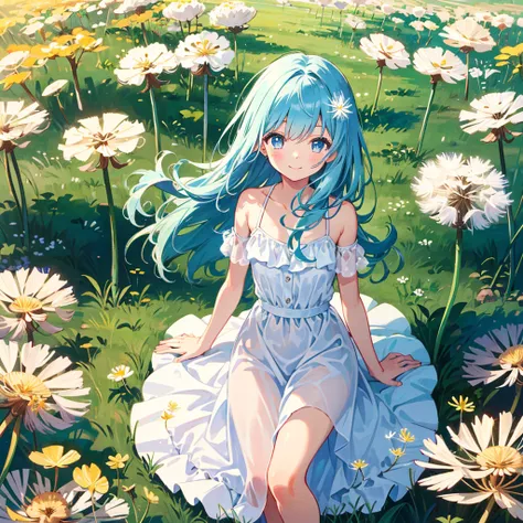 1girl,tiny,blue eyes,blue long hair,bangs,solo,smile,white dress,flower field,sit,(floating Dandelion fluff),