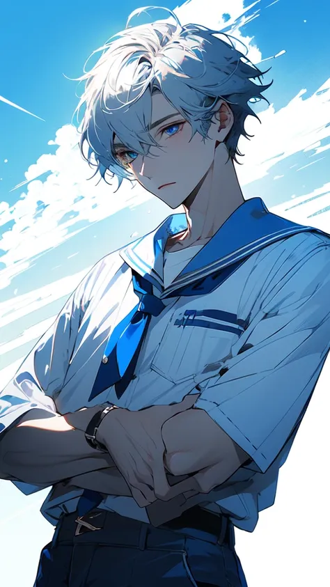 beautiful young man,silver hair,short hair,blue eyes,white shirt,blue slacks,sailor collar,resort,blue sky,blinking light,summer