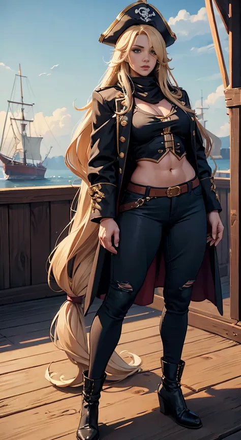 (1girl),  long hair, blonde hair, (((very long hair))), hair down to ankles, wearing pirate long coat, wearing black pants, peg leg, standing on ship deck, wearing eyepatch, Sixpack abs, muscular arms, muscular legs, wide hips, thick thighs, huge muscles, ...