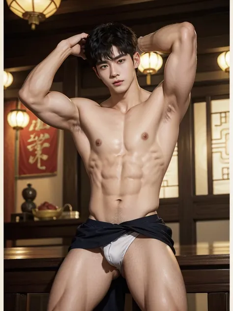 Chinese Men God, Mythology, Chinese odyssy, Handsome young baby face, Topless, Muscles Athlete body, Full Frame, Sexy, Professional Lighting, Hanfu Outfit, Chinese Heaven Background,  smooth skin color Underwear, Hanfu Warrior, Hanfu God, Hanfu Male, Hanfu...