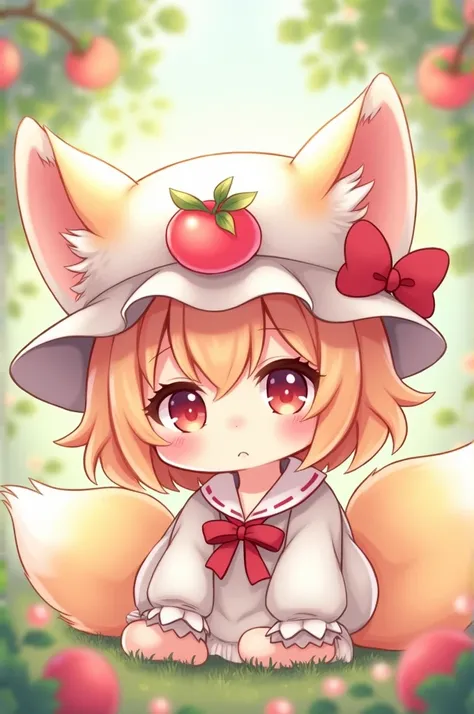 Beautiful kitsune girl chibi with peach-colored hair and a hat with a pink peach design