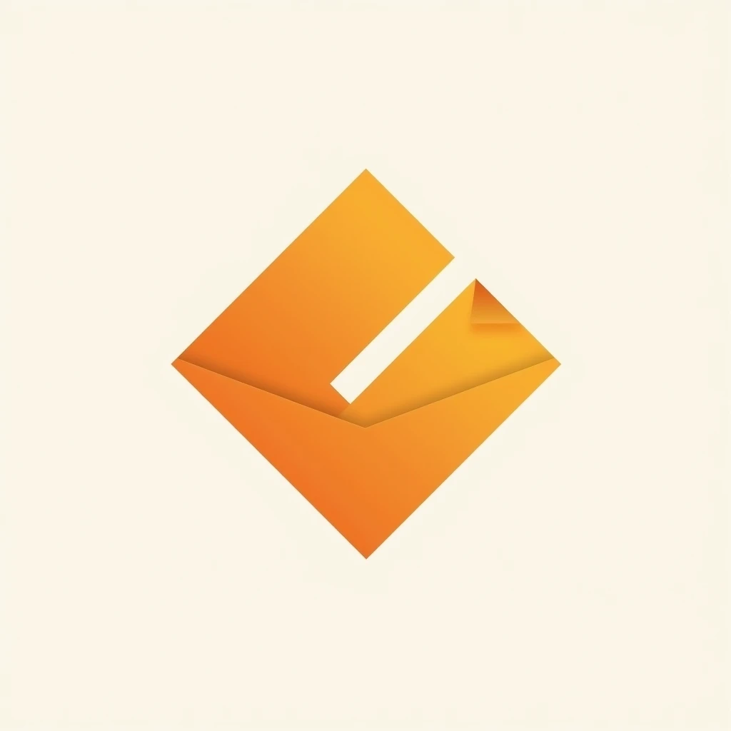 logo, minimalist, design, three diamond-shaped papers ♦️, in orange, joined at the bottom tip, top tip of each sheet slightly folded.